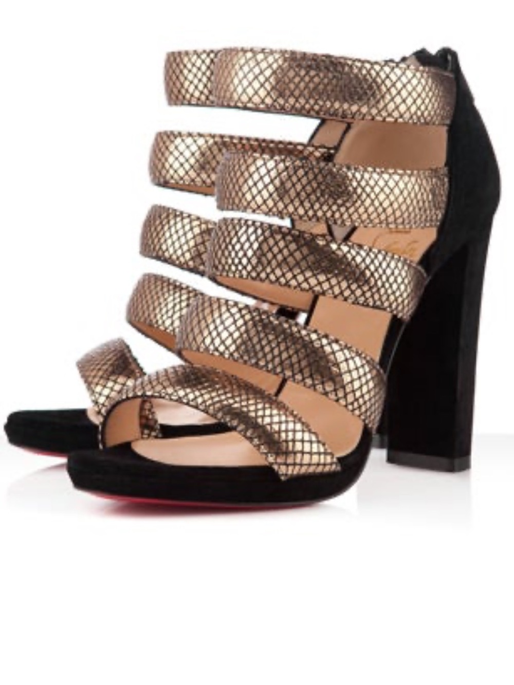 Christian Louboutin Black and Gold Strappy High-Heel Sandals